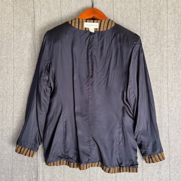 90s Vintage 90s Jones New York Linen Blend Tan Blue Green Strip Collarless Blaze - Picture 7 of 10